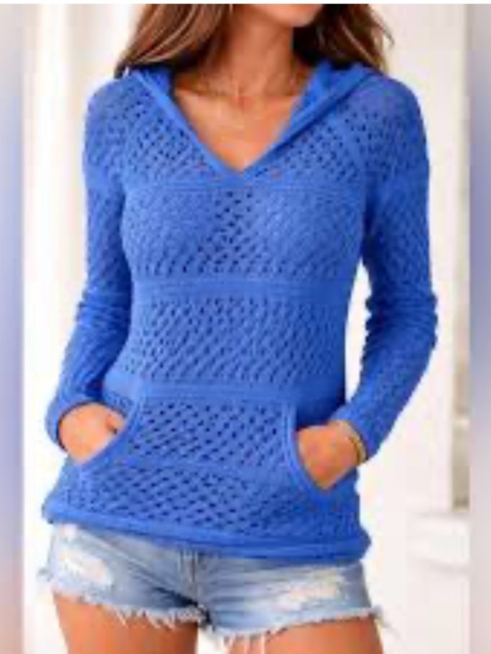 Venus Blue Knit Hooded Pullover Sweater for Women